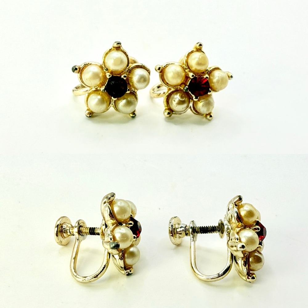 Vintage Faux Ruby and Pearl Screw-On Costume Earrings Clipons